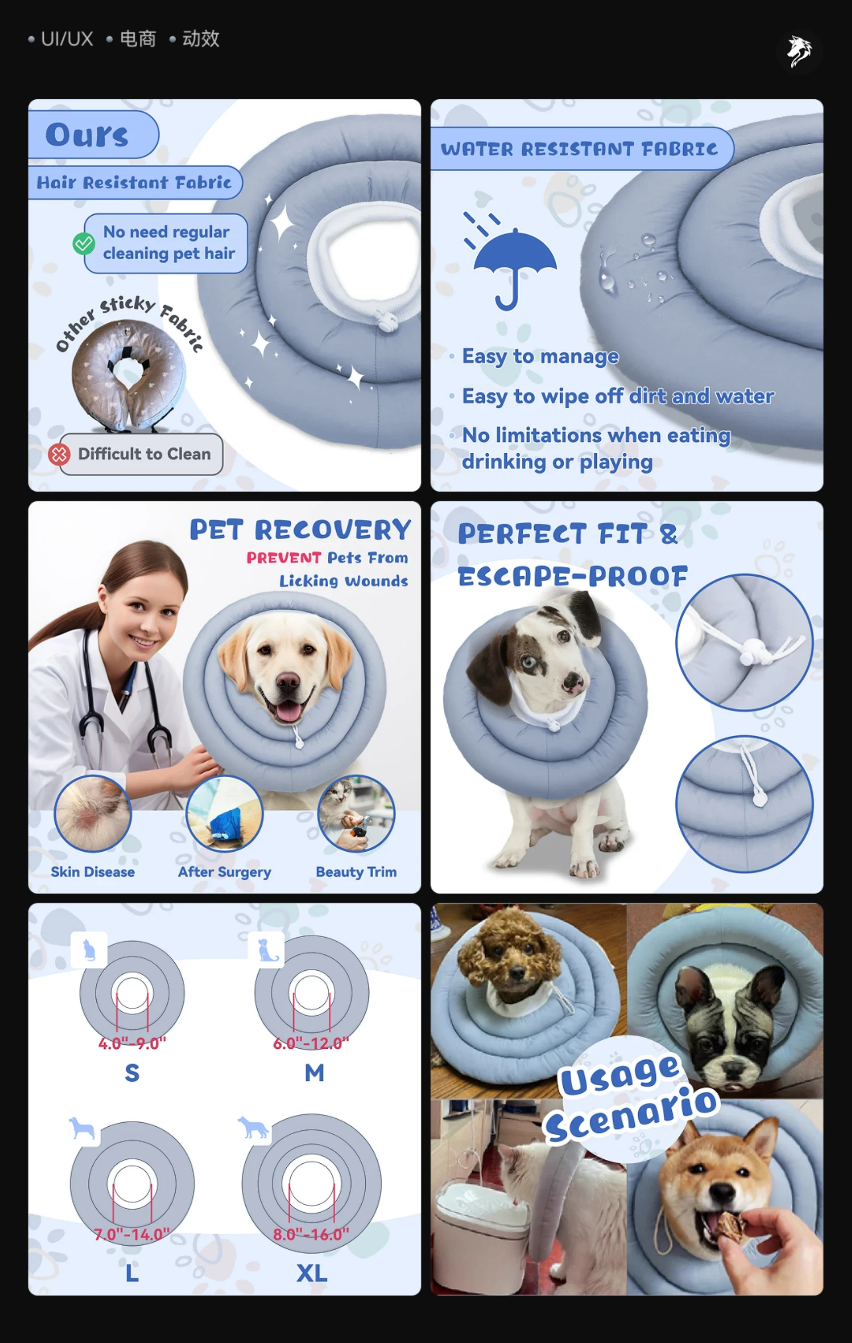 Pet recovery collar: fabric, sizing and fit