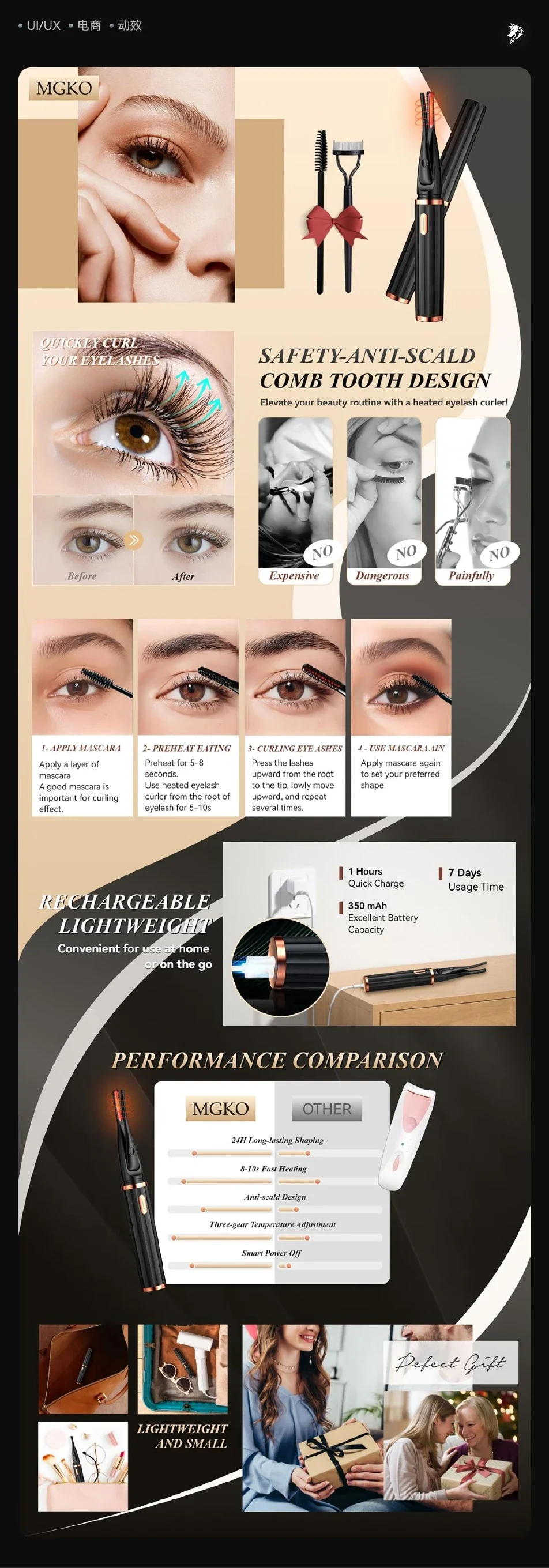 Black-and-gold lash tool: structural details and comparisons