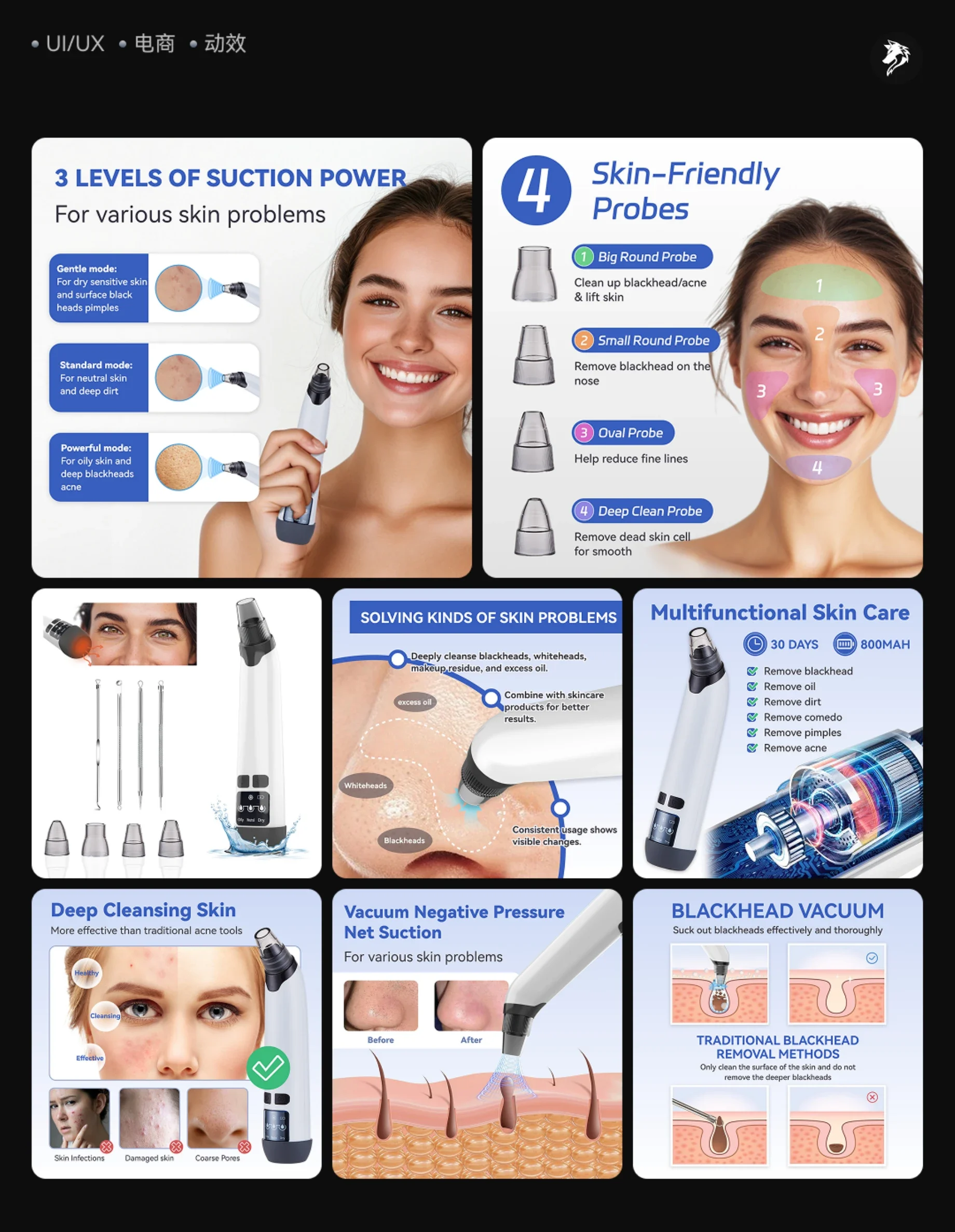 Pore-cleaning device: accessories, settings and features