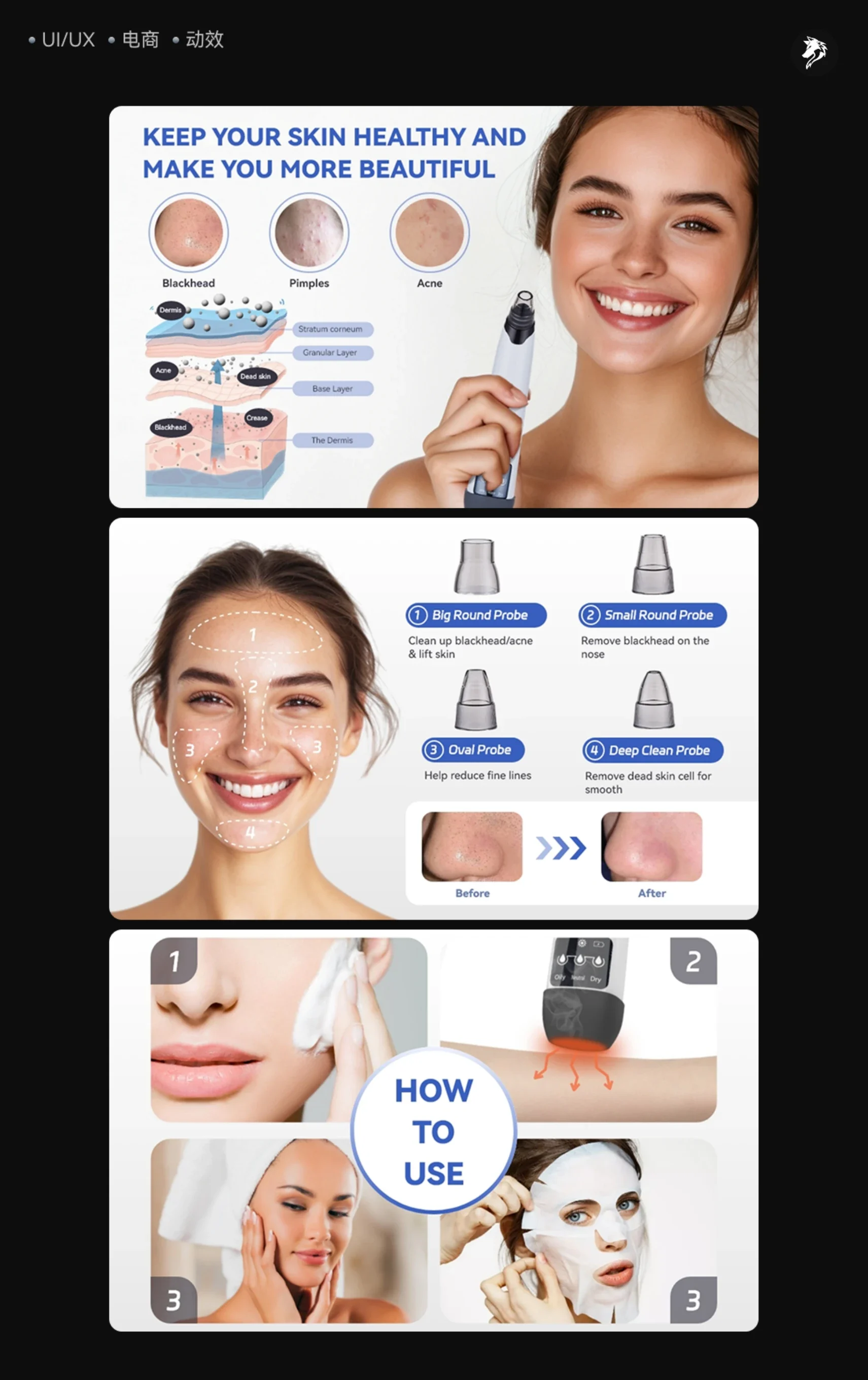 Pore-cleaning device: attachments and operating steps