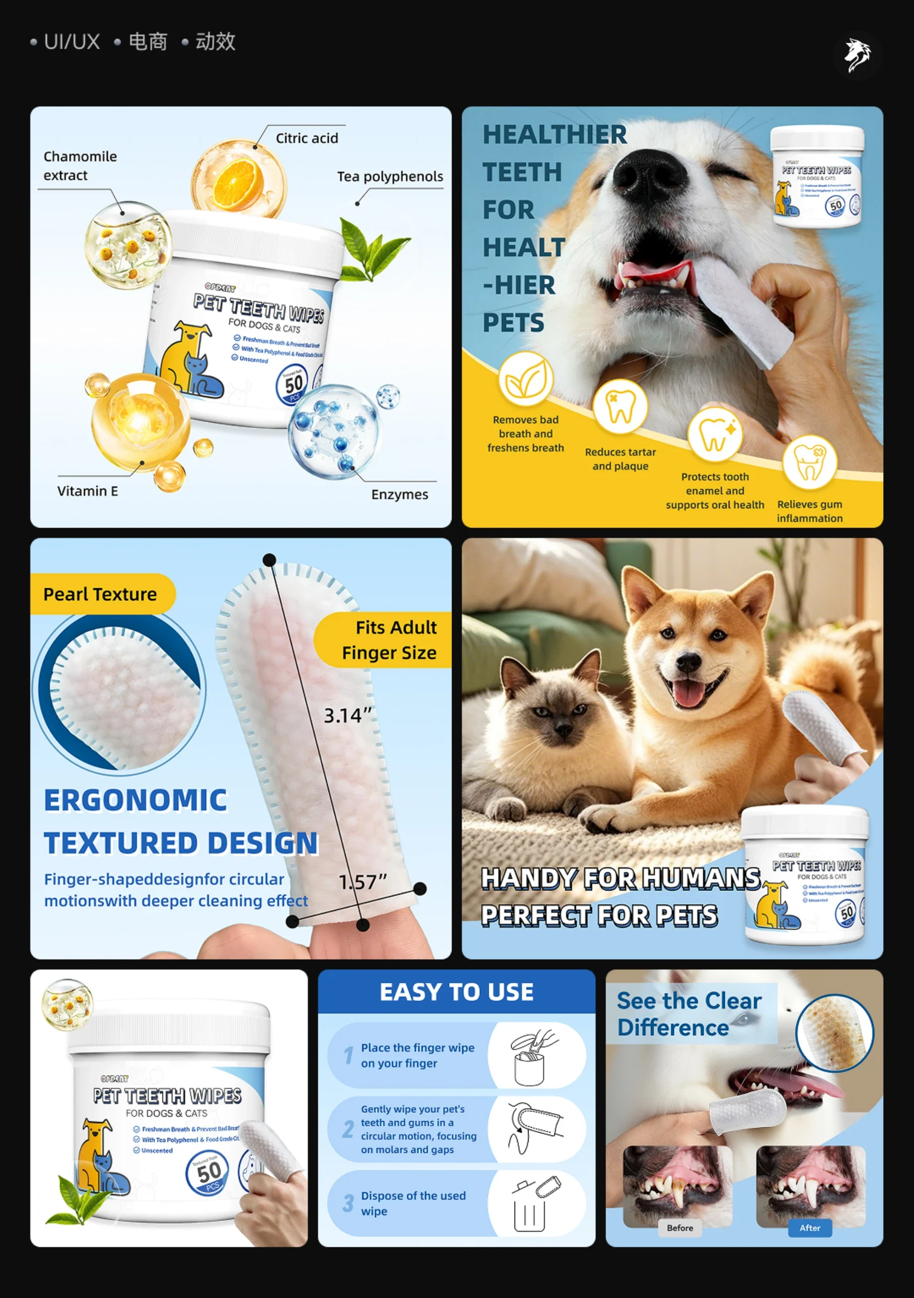 Pet dental wipes: product, texture and usage