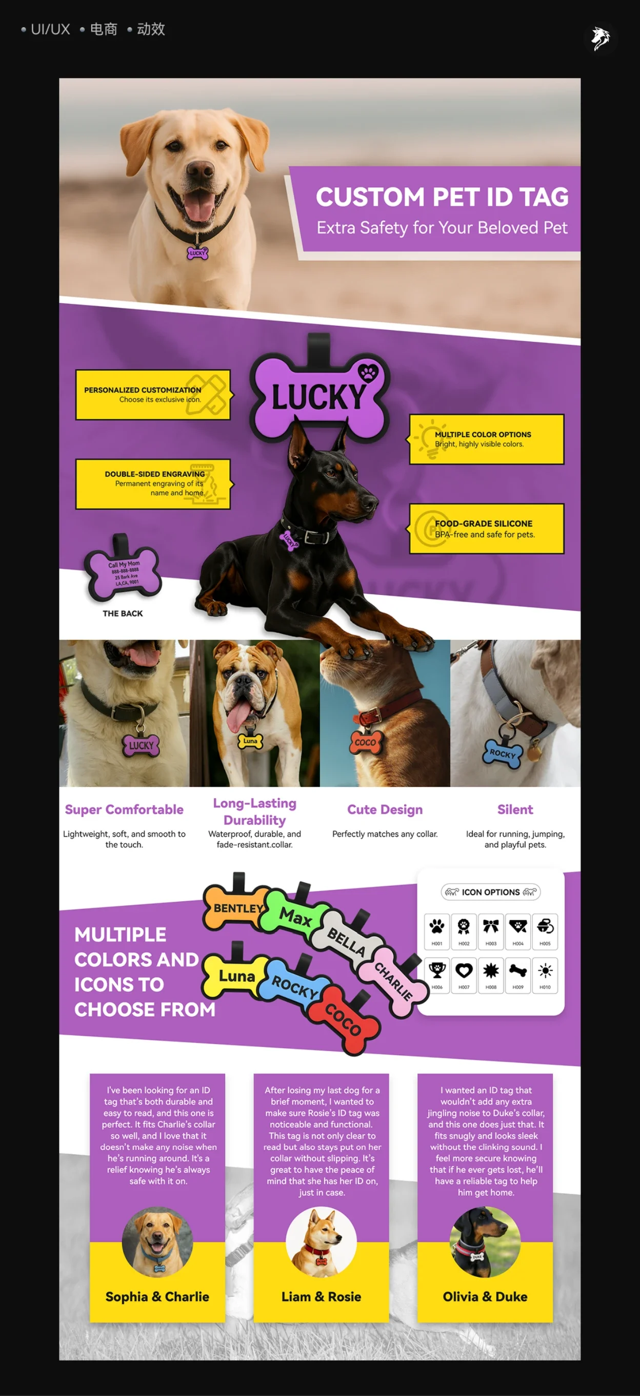 Custom pet tags: icons, text and personalisation information