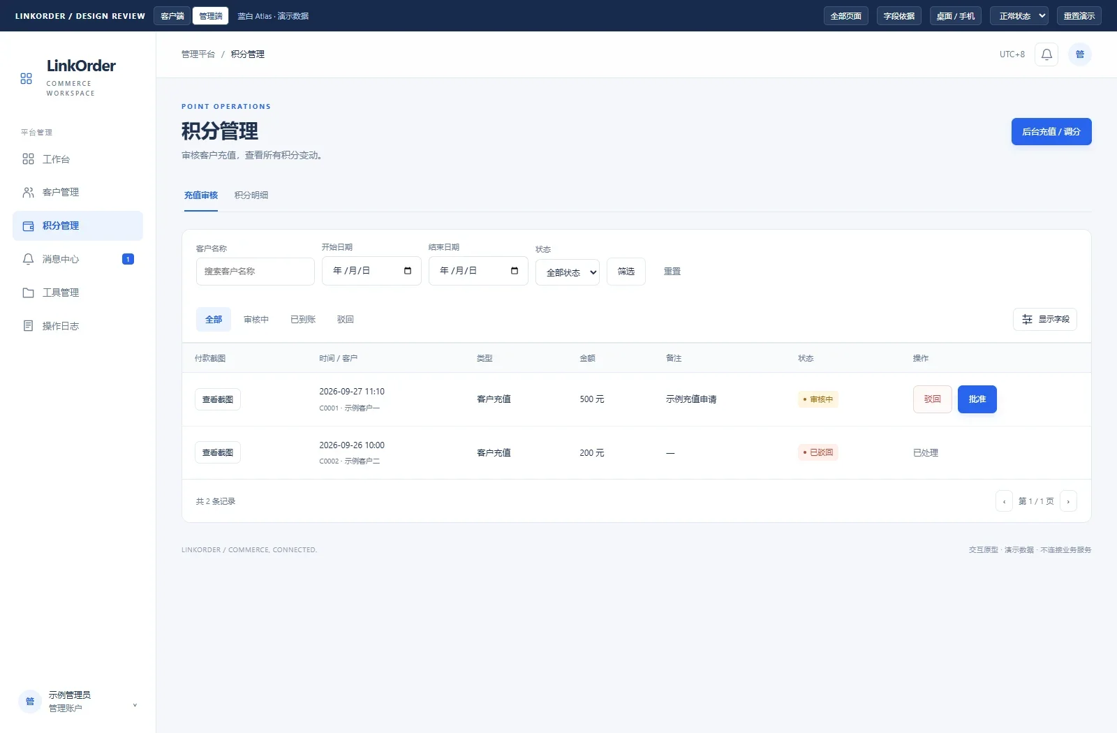 Credit management prototype · Top-up review and transaction history