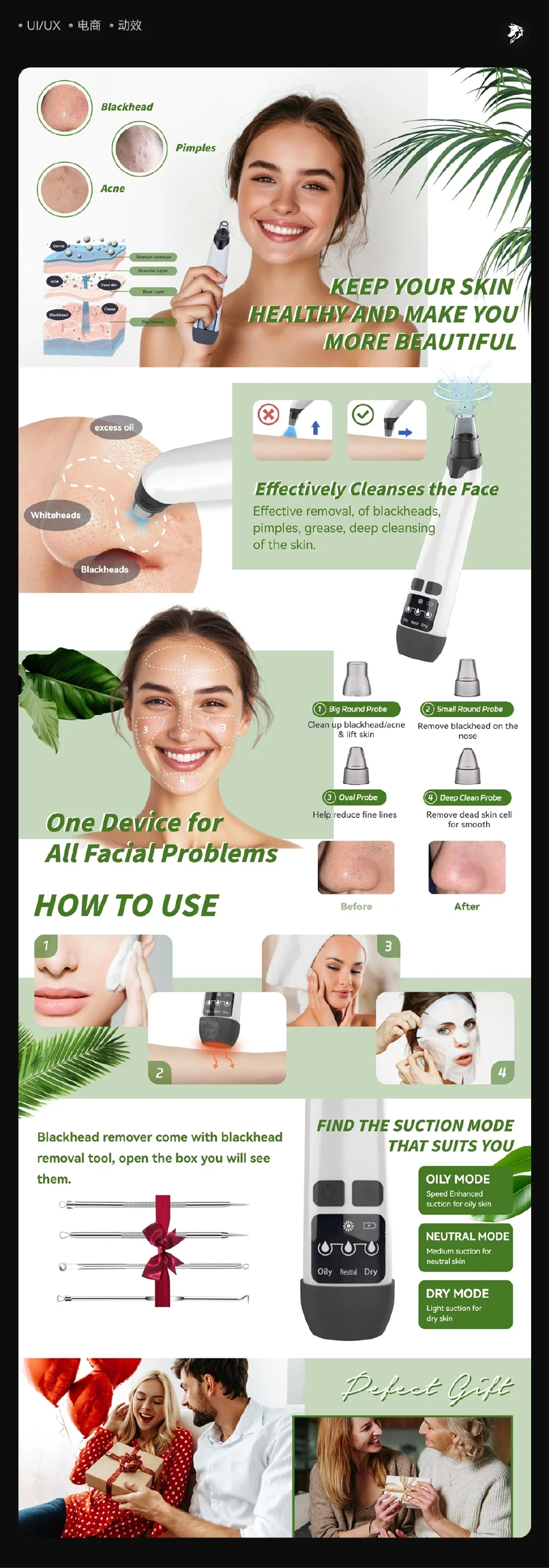 Pore-cleaning device: green-themed long-form layout