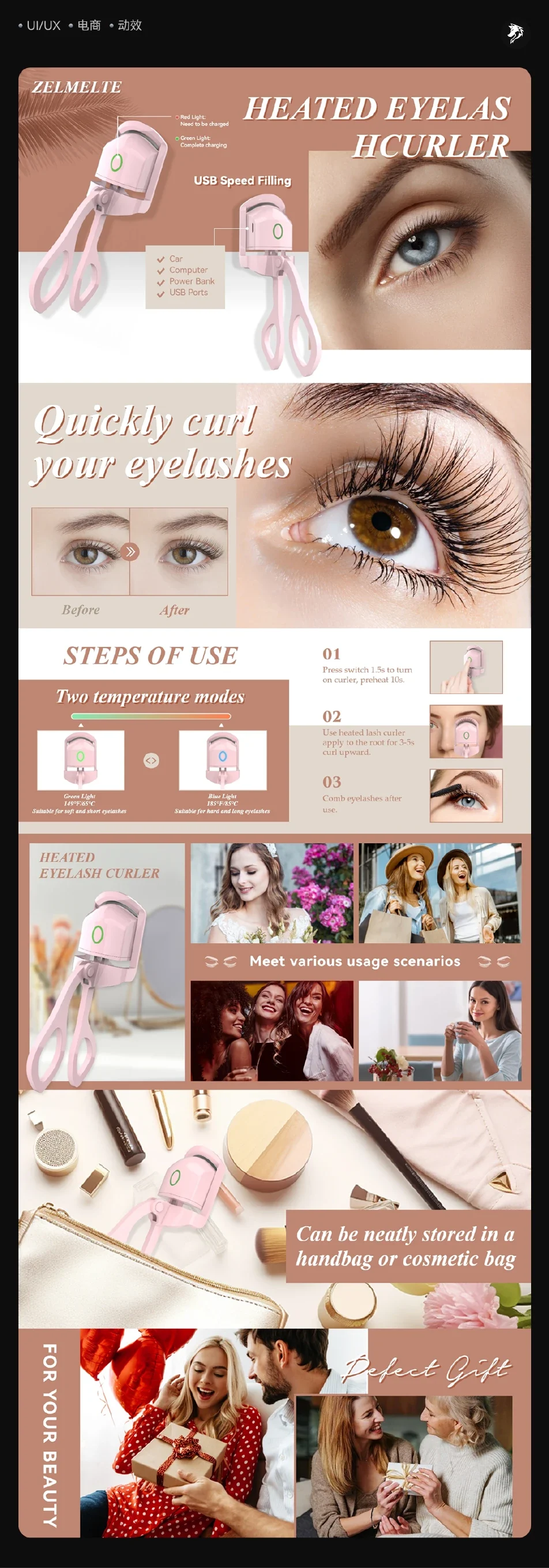Pink lash curler: instructions and lifestyle scenes