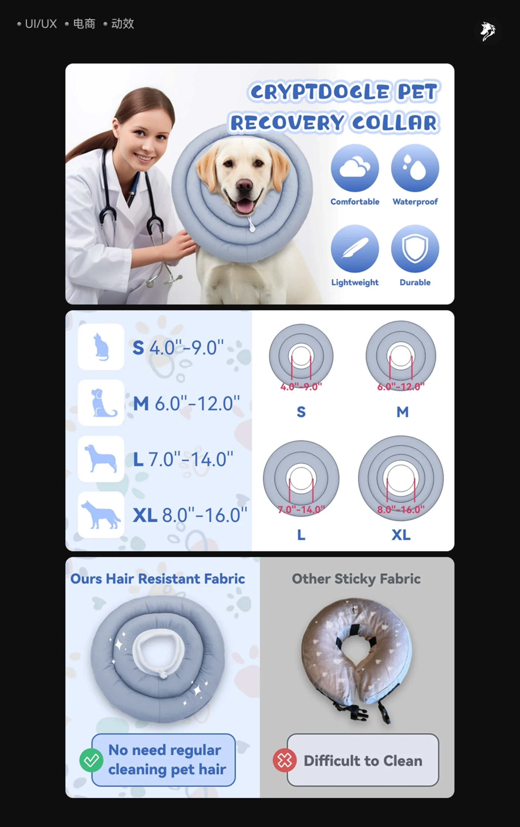 Pet recovery collar: product form and size selection