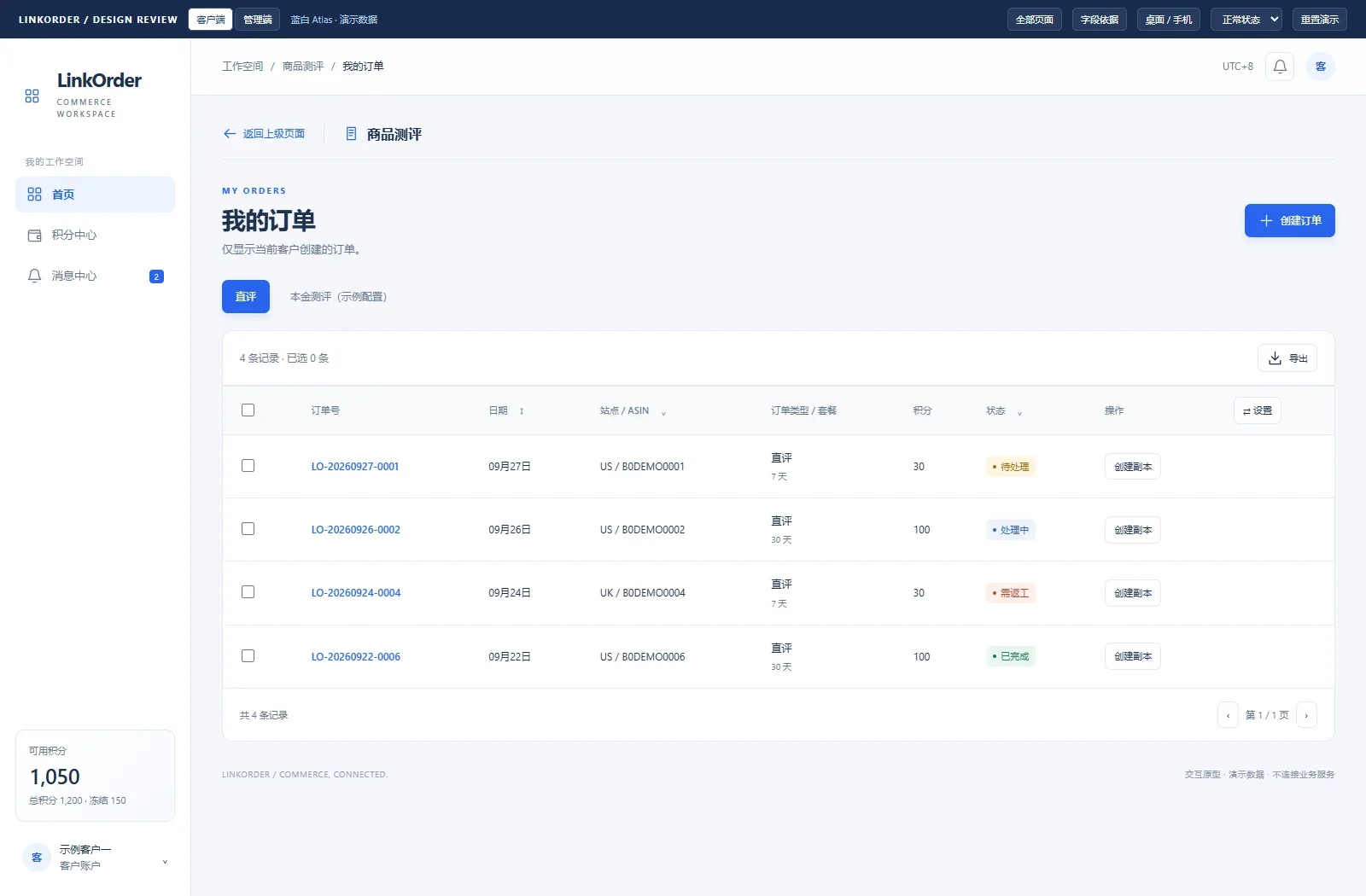 Customer prototype · Personal orders, progress and results